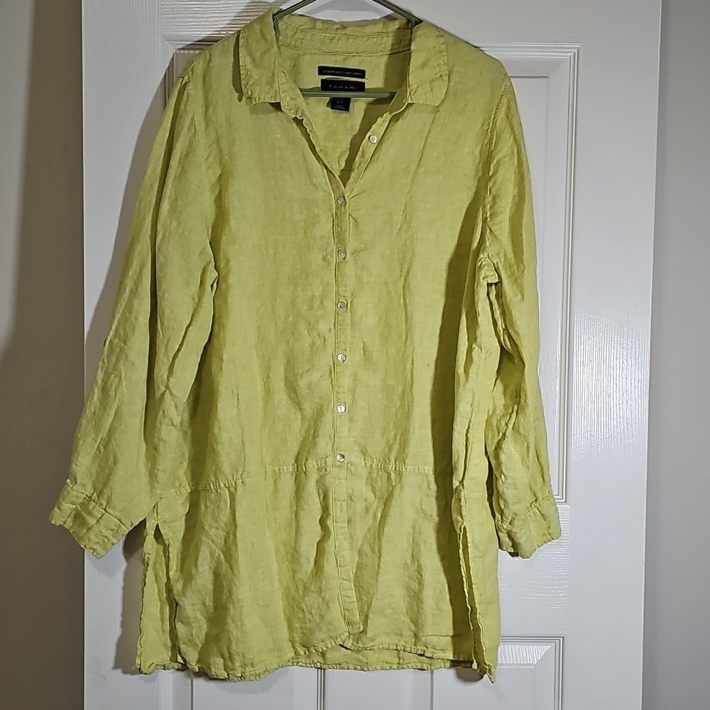 Tahari Lime Linen Button Up Side Slit Long Roll Tab Sleeve Tunic Top Size 1X